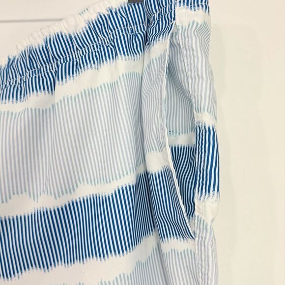 Land's End White Blue Squiggle Stripe Mesh Lined Drawstring Waist Swim Trunks - Picture 6 of 12
